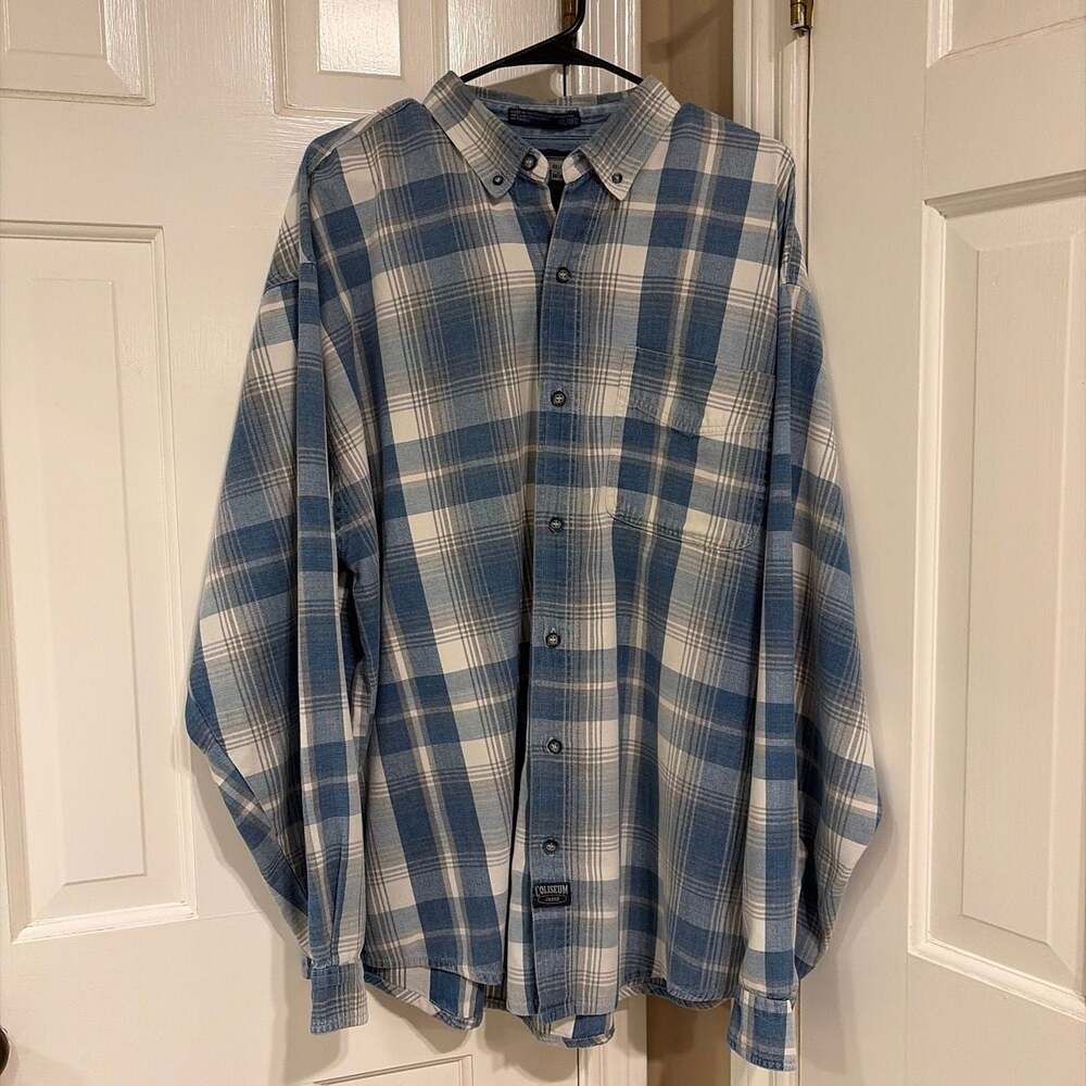 Coliseum Jeans Men's XXL Blue White Plaid Long Sleeve Button Up Flannel Shirt